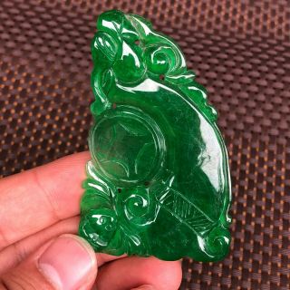 Collectible Chinese Green Jadeite Jade Handwork Fortune Pi Xiu & Bat Pendant