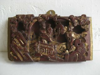 Fine Old Chinese Hand Carved Lacquered Wood Gold Gilt Relief Wall Panel Plaque