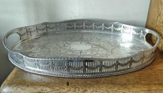Vintage 1930s Sheffield Silver Plate Oval Serpentine Gallery Tray Cut In Handles
