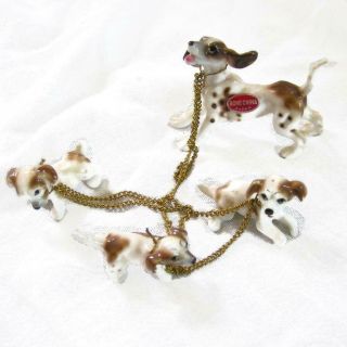 Vintage Bone China Spaniel Or Setter Dog W Pups On Chain - 4 Figurines - Japan