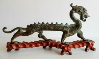 Wonderful Large Old Chinese Bronze Dragon On Carved Hardwood Base - Piece