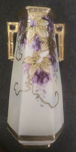 Antique Nippon White Porcelain Sexagon Vase Wisteria Gold Leaves 7 1/4 " H