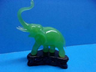 Vintage Elephant Raised Trunk W Tusks Faux Jade Green On Base Hong Kong Figurine