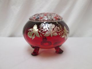 Vintage Flower Frog And Red Footed Bowl With Floral Silver Overlay,  Stunning