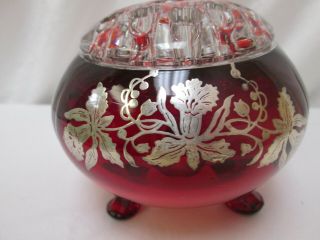 VINTAGE FLOWER FROG AND RED FOOTED BOWL WITH FLORAL SILVER OVERLAY,  STUNNING 2