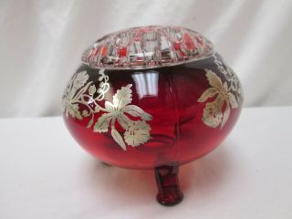VINTAGE FLOWER FROG AND RED FOOTED BOWL WITH FLORAL SILVER OVERLAY,  STUNNING 4