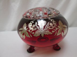 VINTAGE FLOWER FROG AND RED FOOTED BOWL WITH FLORAL SILVER OVERLAY,  STUNNING 5
