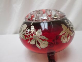 VINTAGE FLOWER FROG AND RED FOOTED BOWL WITH FLORAL SILVER OVERLAY,  STUNNING 6