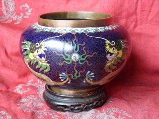 Rare Late 19thc Qing Dynasty Chinese Blue Ground Cloisonne Dragon Bowl Censer