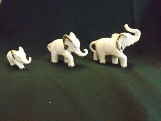 Vintage Set Of 3 Elephants,  White Porcelain With Gold Accents.  Made In Japan