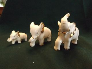 Vintage set of 3 Elephants,  White Porcelain with Gold Accents.  Made in Japan 2
