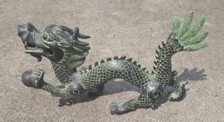 Fine Chinese Cast Bronze Coiling Dragon Chasing Pear Of Wisdom Scupture