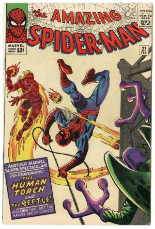 Spider - Man 21 Vf 8.  0 Vs.  The Beetle Human Torch X - Over Marvel 1965