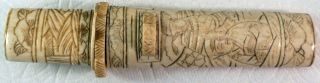 Antique Japanese Tanto Or Knife In Scabbard Carved Bovine Bone Meiji Period
