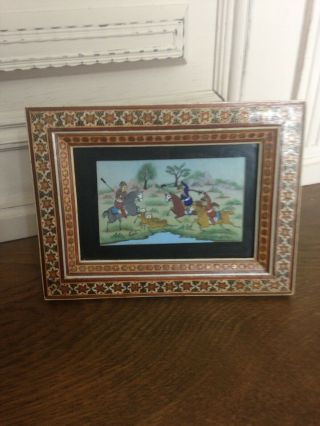 Vintage Persian Hunt Scene Painting Intricate Inlaid Wood Frame Marquetry Khatam