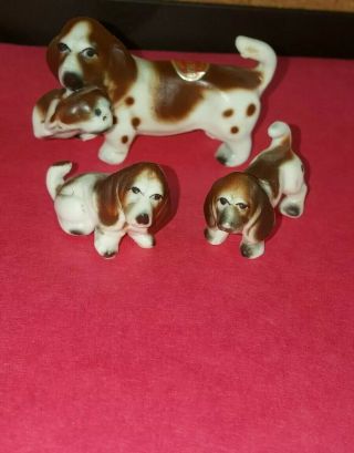 Vintage Miniature Set Of 3 (4) Bone China Basset Hound Family Dog Figurines