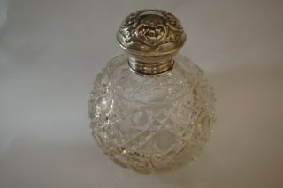 Edwardian Cut Glass Solid Silver Topped Perfume Bottle Birmingham 1913