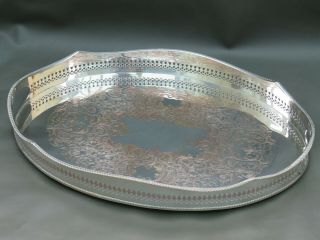 Large Vintage Ornate Oval Tray With Gallery & Handles - Silver Plate On Copper