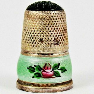 Vintage J.  A.  Henckels Size 7 Guilloche Enamel Rose Band Sterling Silver Thimble