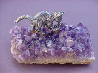 Vintage Pewter Cat With Mouse On Amethyst