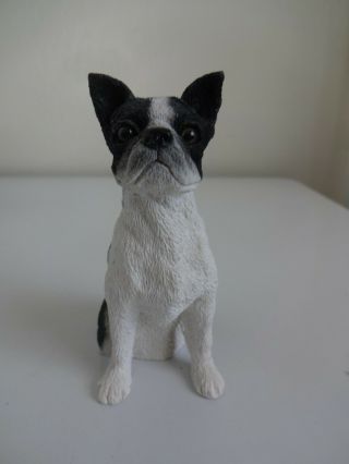 Boston Terrier Figure Hand Painted Resin 4 " Tall Stone Critters White/black