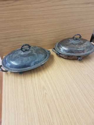 2x Antique Silver Plated Warming Dishes,  Tureens Platters Veg Warmers Hot Water