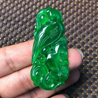 Chinese Rare Collectible Green Jadeite Jade Carved Bird & Ruyi Handwork Pendant