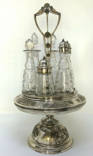Antique Victorian Castor Condiment Cruet Set 6 Pc.  Silver Plate Cut Glass