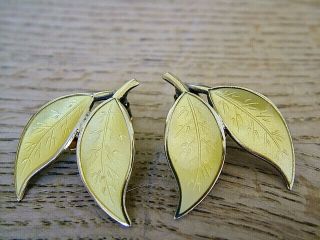 Vintage David Andersen Solid Silver Yellow Enamel Leaf Earrings Norwegian Clip