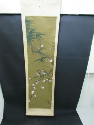 Antique Chinese Scroll Painting On Silk Depicting 2 Birds On A Branch