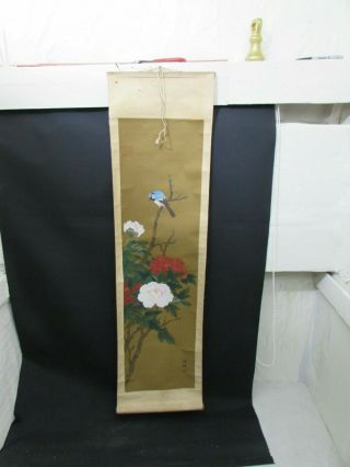 Antique Chinese Scroll Painting On Silk Depicting Bird On Branch & Flowers 2