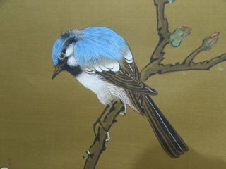 Antique Chinese Scroll Painting On Silk Depicting Bird On Branch & Flowers 7
