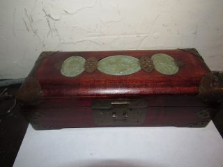 CHINESE WHITE JADE RED WOOD JEWELRY TRUNK BOX WITH MOTHS/BUTERFLYS 10 