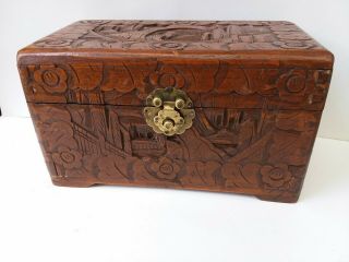 Antique Chinese Wooden Trinket Chest Deeply Hand Carved Jewelry Box