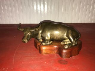 Vintage Chinese Bronze Water Buffalo Statue On Wooden Base