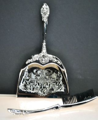 Elegant Vintage " Waiter " Dinner Table Silverplated Ornate Crumb Brush & Pan