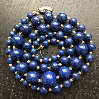Vtg Antique Chinese Blue Lapis Lazuli Stone Graduated Bead Necklace Art 54.  5g Nr
