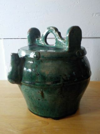 Antique Chinese Emerald Green Shiwan Pottery Teapot Qing Dynasty - Repaired