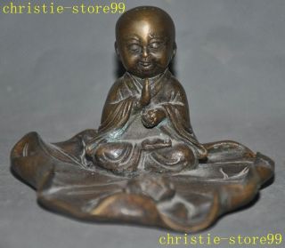 6 " Old Chinese Buddhism Temple Bronze Lotus Flower Young Buddha Monk Plate Statue
