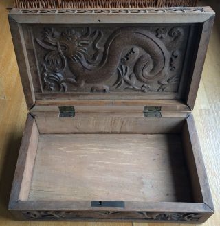 Antique/Vintage,  Chinese,  Ornately Carved Wooden Box With Carved Inner Lid. 4