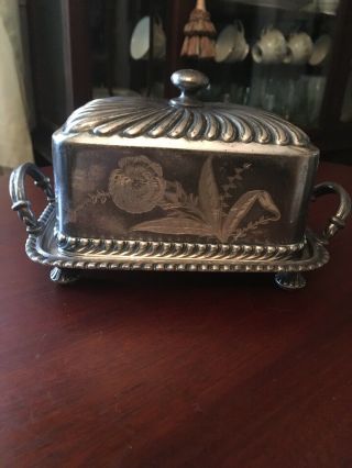 Antique Victorian Covered Butter Dish Footed Square Silverplate Wilcox Co.  1885