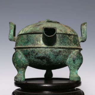100 Archaic Chinese Bronze Tripod Ritual Wine Vessel Cover He Han Dynasty Sa27