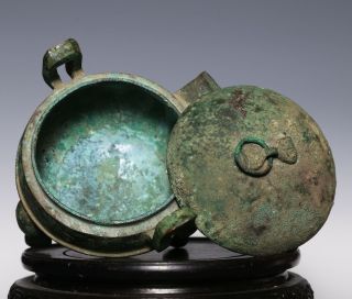 100 Archaic Chinese Bronze Tripod Ritual Wine Vessel Cover HE Han Dynasty SA27 5