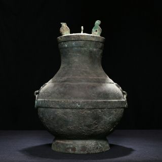 Archaistic Chinese Han Dynasty Ritual Bronze Wine Vessel Hu Vase Bottle Sa95