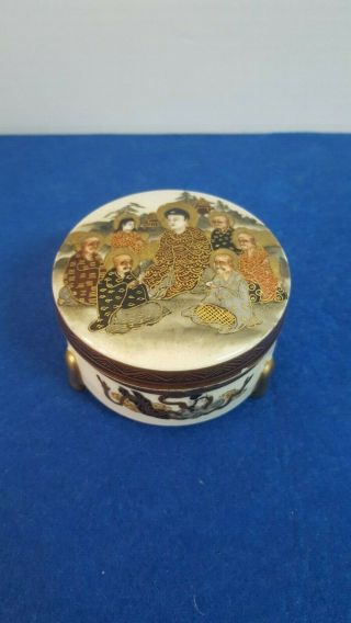 Rare Antique Japanese Porcelain Satsuma Small Box Buddha And Wise Meiji Marked