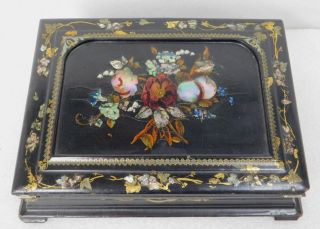 Antique Victorian Black Lacquer Inlaid Slant Top Lap Desk Box Chinese Japanese