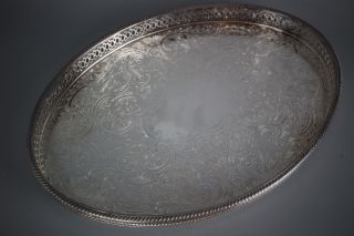 Antique,  Very Large,  Oval Shape Silver Plate On Copper Galleried Serving Tray.