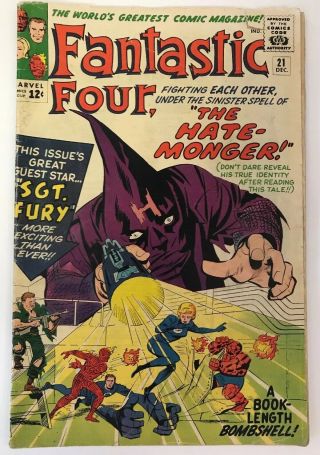 The Fantastic Four 21 Marvel Comics 1963 Jack Kirby Vg 1st Sgt.  Fury Crossover