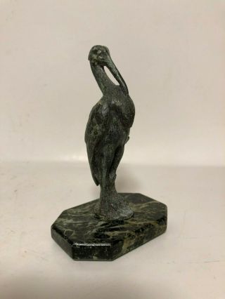Antique Old Solid Bronze Heron Crane Pelican Sculpture Statue Marble Base 5 Inch
