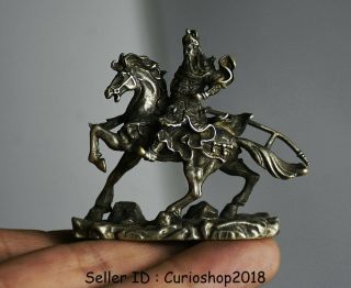 5.  5cm Antique China Silver Dynasty Guan Gong Yu Warrior God Ride Horse Statue 5